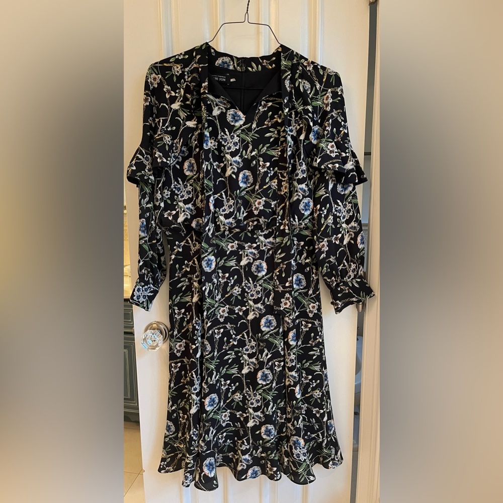 Teri Jon, floral, cinched waist, ruffle details throughout, tie on neck detail